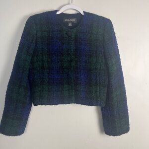 Vintage Linda Allard Ellen Tracy 90s Blue and Green Plaid Cropped Wool Blazer 8